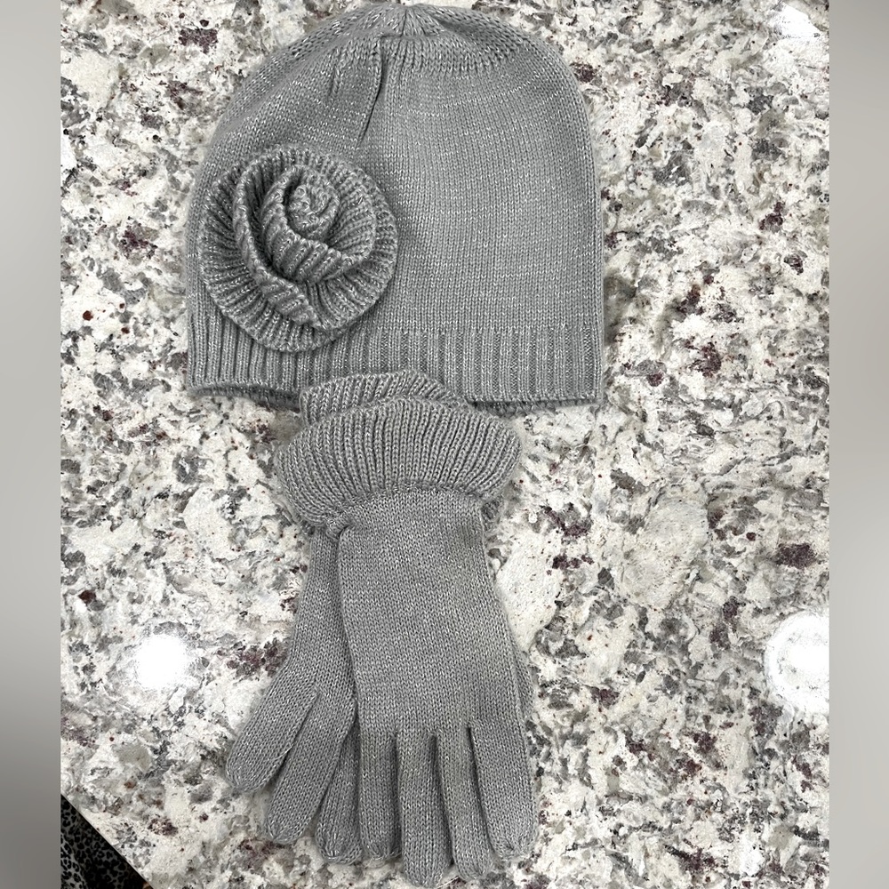 NWT hat and glove set. Grey - silver with light sparkle throughout.